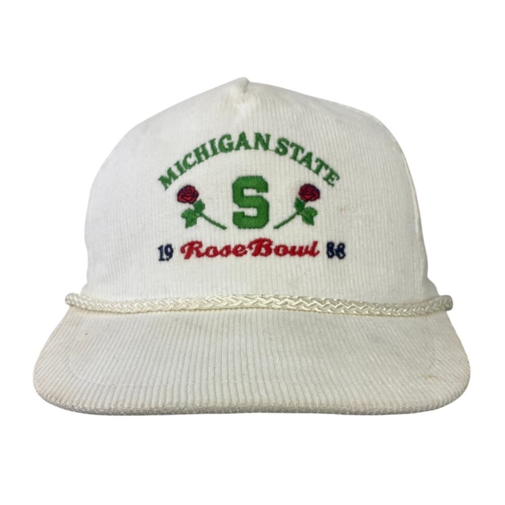 Vtg 1988 Michigan State Spartans White Rose Bowl Corduroy Hat Rope Trucker Cap